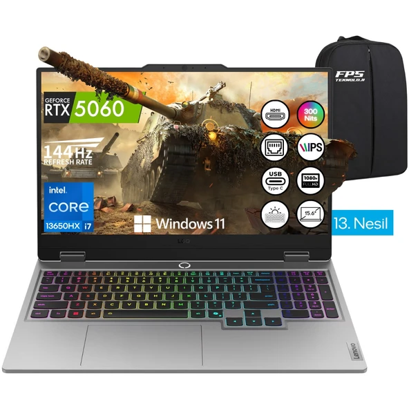 Loq 15IRX10 İ7-13650HX RTX5060 100W 24GB Ram 2tb SSD 15.6" Fhd IPS 144Hz W11 Taşınabilir Bilgisayar ürün görseli 1