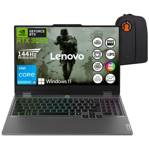 Loq Intel Core I5 12600HX 32GB 512GB SSD RTX3050 W11 15.6" IPS Taşınabilir Bilgisayar + Çanta ürün görseli 1