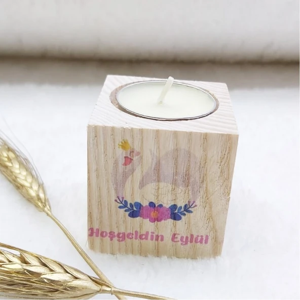Ahşap Mumluk Kız Bebek Hediyeliği Kuğu Uv Baskılı 5x5(30 Adet) ürün görseli 1