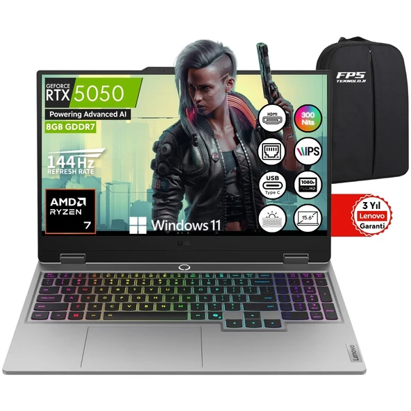 Loq 15AHP10 Amd Ryzen 7 250 RTX5050 100W 64GB Ram 2tb SSD 15.6" Fhd IPS 144Hz W11 83JG006CTR Taşınabilir Bilgisayar ürün görseli 1