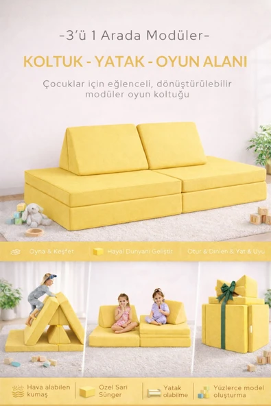 YATELLA 4 Parça Katlanabilir Çocuk Koltuğu | Yatak & Minder – Çok Amaçlı Modüler Tasarım - SARI ürün görseli 1