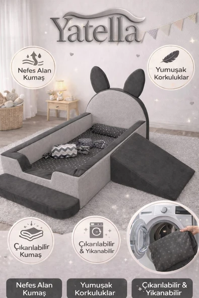 Yatella Şirin Tavşan Yatak - Çok Fonksiyonlu Bebek & Çocuk Yatağı  70 x 130 cm  Krem - Antrasit ürün görseli 1