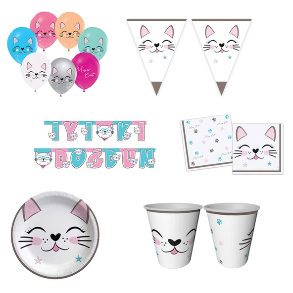 8 Kişilik Miss Cat Kız Doğum Günü Süsleri ürün görseli 1