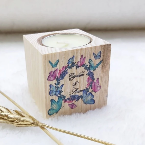 Ahşap Mumluk Bebek Şekeri Kelebek Uv Baskılı Kalp Desen 5x5(30 Adet) ürün görseli 1