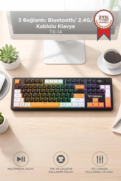 Oyuncu Klavyesi Rgb Işıklı Dijital Ekranlı 3 Modlu Mekanik Hisli Kablosuz Klavye TK14 Siyah ürün görseli 1