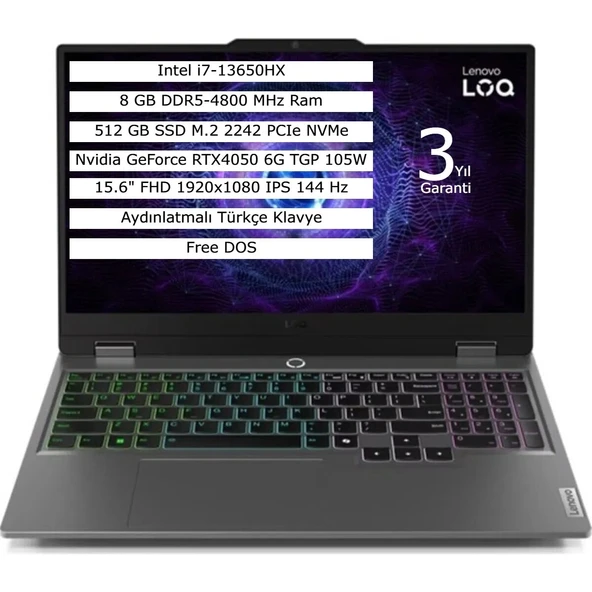 Loq 15IRX9 Intel Core I7 13650HX 8gb 512GB SSD 6gb RTX4050 Freedos 15.6" Fhd Taşınabilir Bilgisayar 83DV0117TR ürün görseli 1