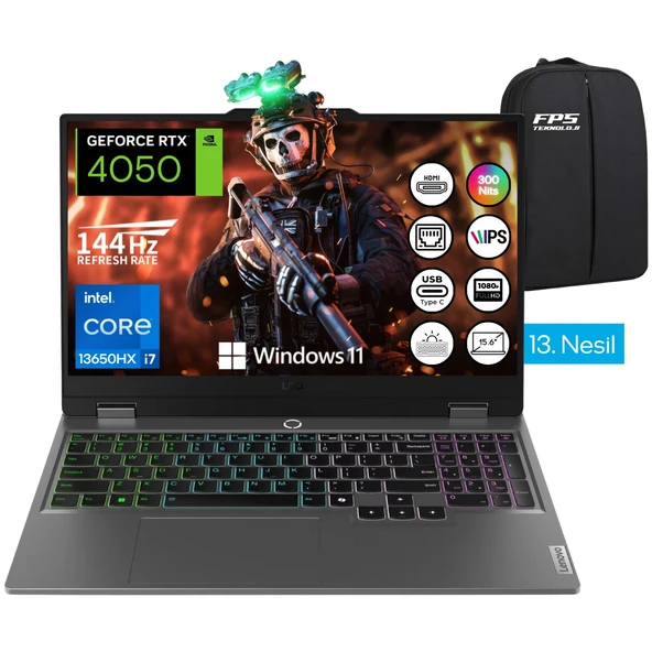 Loq İ7-13650HX RTX4050 64GB Ram 512GB SSD 15.6" Fhd IPS 144Hz W11 Taşınabilir Bilgisayar ürün görseli 1