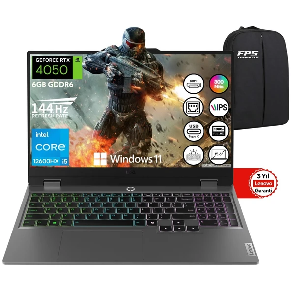 Loq 15IAX9 I5-12600HX RTX4050 105W 24GB Ram 2tb SSD 15.6" Fhd IPS 144Hz W11 83GS00L7TR Taşınabilir Bilgisayar ürün görseli 1