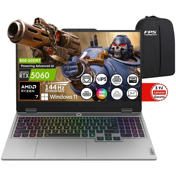 Loq 15AHP10 Amd Ryzen 7 250 RTX5060 100W 32GB Ram 2tb SSD 15.6" Fhd IPS 144Hz W11 83JG008UTR Taşınabilir Bilgisayar ürün görseli 1