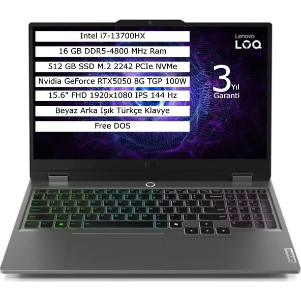 Loq 15IRX10 Intel Core I7-13700HX 16GB 512GB SSD 8gb RTX5050 Freedos 15.6" Fhd Taşınabilir Bilgisayar 83JE00KMTR ürün görseli 1