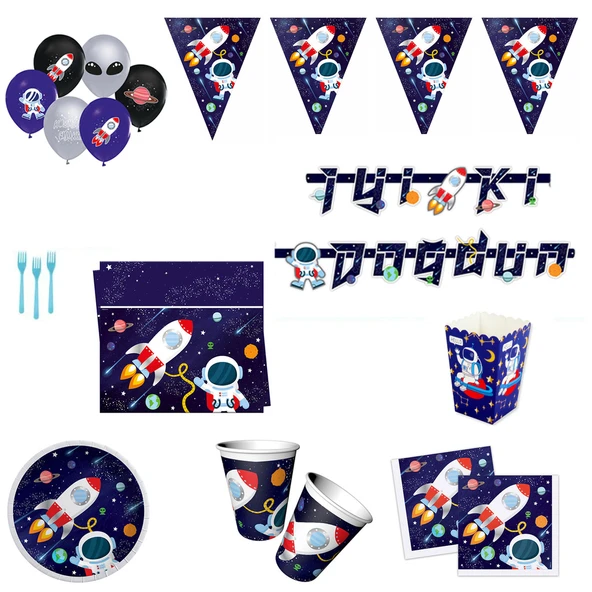 Uzay Temalı Doğum Günü Süsleri Astronot Masa Seti Parti Seti Ekonomik Set 16 Kişilik ürün görseli 1