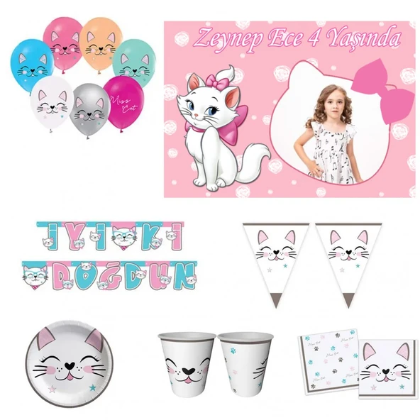 8 Kişilik Miss Cat Kız Doğum Günü Süsleri Afiş Hediyeli ürün görseli 1