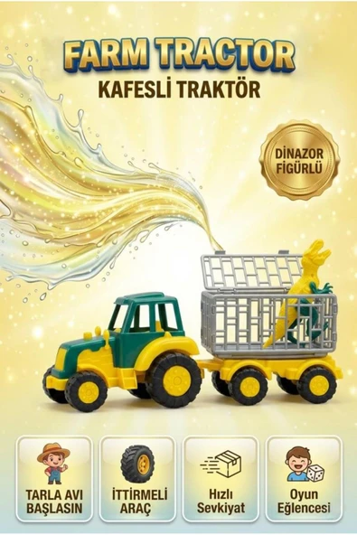 İttirmeli Çiftlik Traktörü ve Kafesli Römork Dinozor Figürlü Eğitici Oyuncak Seti ürün görseli 1