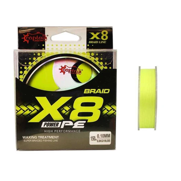 Captain X8 Power PE 8 Örgü Spin İp Misina 150mt Lemon Yellow  Standart 0.22 MM ürün görseli 1