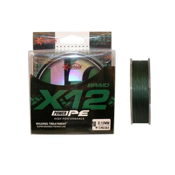 Captain X12 Power PE 12 Örgü Spin İp Misina 150mt Dark Green  Standart 0.14 MM ürün görseli 1