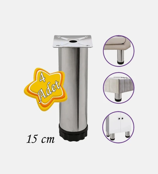 Mobilya Kanepe Baza Koltuk Dolap Ayarlanabilir  Metal Destek Yükseltici Ayağı 15 Cm Krom (4 ADET) ürün görseli 1