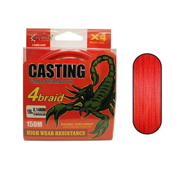 Captain Casting PE 4 Kat Spin İp Misina 150mt Kırmızı  Standart 0.10 MM ürün görseli 1