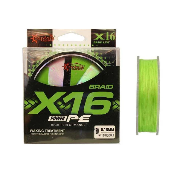 Captain X16 Power PE 16 Örgü Spin İp Misina 150mt Light Green  Standart 0.20 MM ürün görseli 1