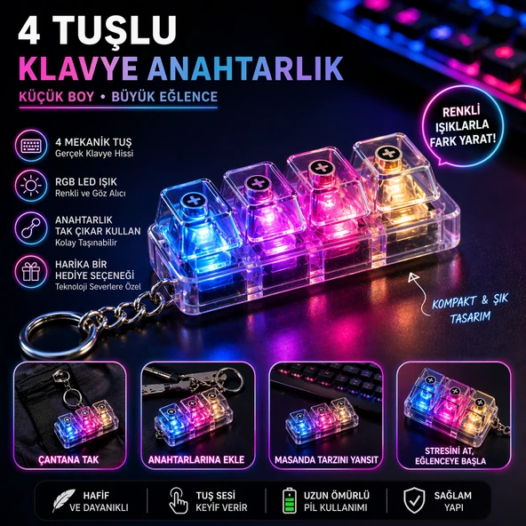 4 Tuşlu RGB Klavye Anahtarlık Işıklı Mini Mekanik Keychain LED Efektli ürün görseli 1