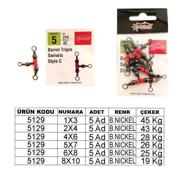 Captain 5129 Üçlü Boncuklu T Fırdöndü 5li Paket Black Nikel  Standart 2X4 ürün görseli 1