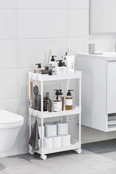 Beyaz 3 Katlı Tekerlekli Düzenleyici Mutfak ve Banyo Rafı Vesken ürün görseli 1