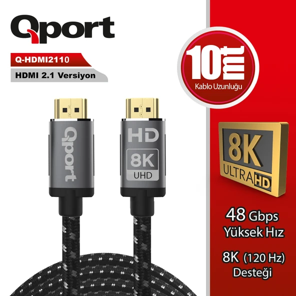 QPORT Q-HDMI2110 ALTIN UCLU 10MT 8K HDMI KABLO ürün görseli 1