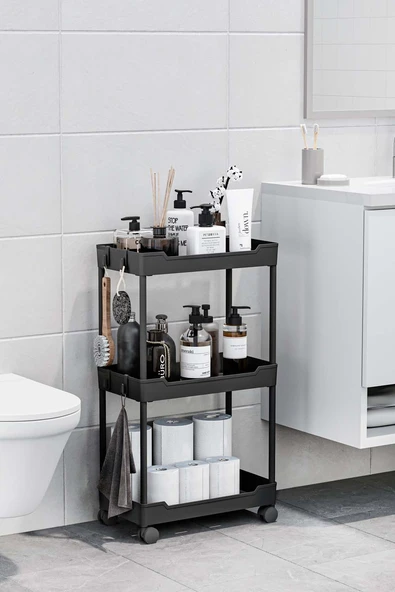 Siyah 3 Katlı Tekerlekli Düzenleyici Mutfak ve Banyo Rafı Vesken ürün görseli 1