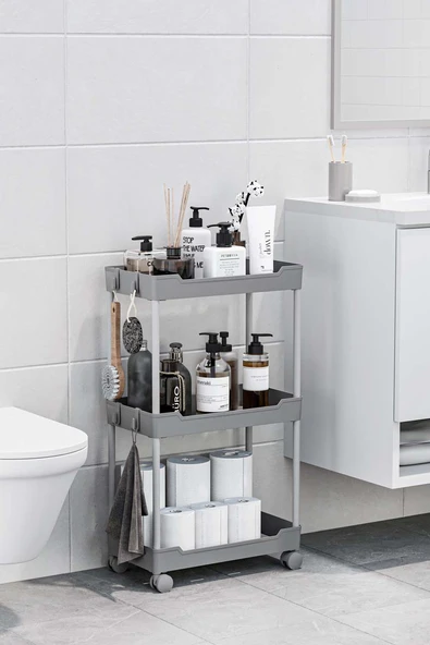 Gri 3 Katlı Tekerlekli Düzenleyici Mutfak ve Banyo Rafı Vesken ürün görseli 1