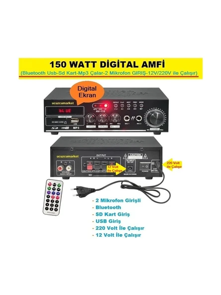 150 Watt Seslendirme Amfi(Bluetooth Usb-Sd Kart-Mp3 Çalar-2 Mikrofon GIRIŞ-12V/220V) ürün görseli 1