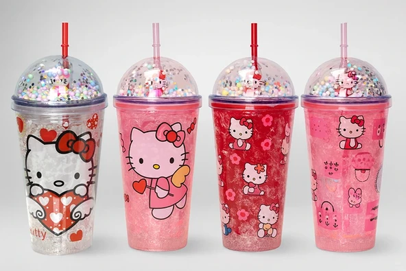 Sevimli Hello Kitty Işıklı Pipetli Boncuklu Suluk & Bardak 400 Ml Alk3145 ürün görseli 1