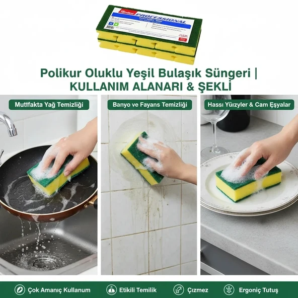 Polikur Oluklu Yeşil Bulaşık Süngeri 10'lu ürün görseli 1