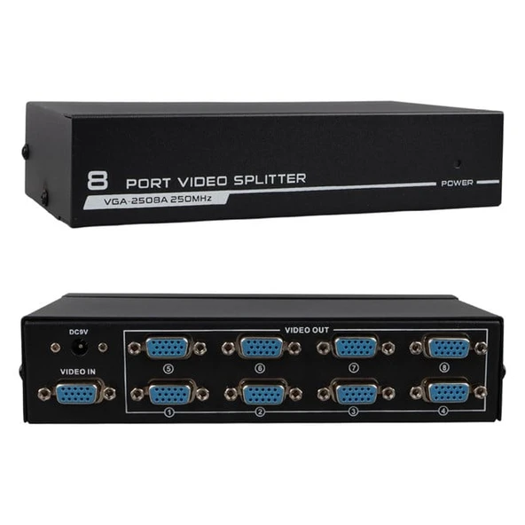 Powermaster VGA-2508A 250 Mhz 8 Port 1920X1440 Destekli VGA Video Splitter Dağıtıcı 9 V Adaptörlü ürün görseli 1
