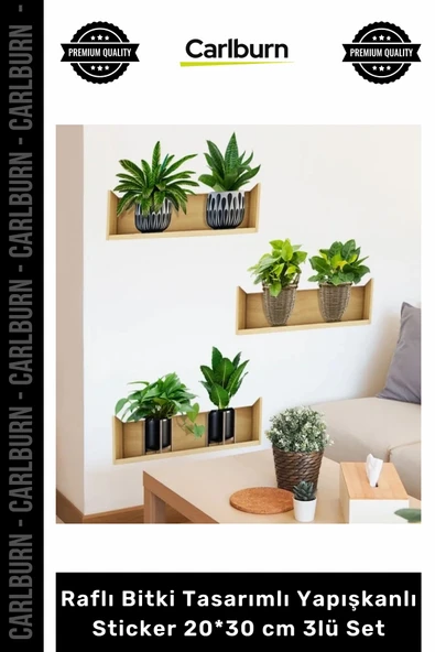 Özel Üretim Modern Şeffaf Lazer Kesim Şık Raflı Bitki Tasarımlı Yapışkanlı Sticker 20x30 cm 3lü Set ürün görseli 1
