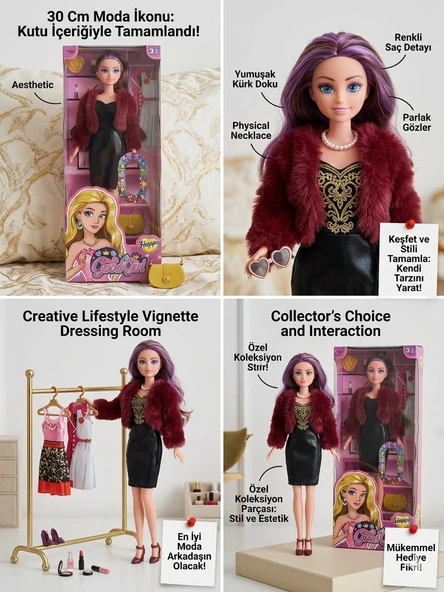 Bordo Ceketli Siyah Elbiseli Renkli Saçlı Bebek 30 Cm Model Oyuncak Bebek Model Bebek ürün görseli 1