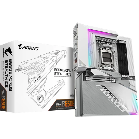 GIGABYTE B650E AORUS STEALTH ICE AM5 DDR5 6600MHz(OC) PCIe 5.0 M.2 NVMe 2.5GbE LAN Beyaz ATX Anakart ürün görseli 1