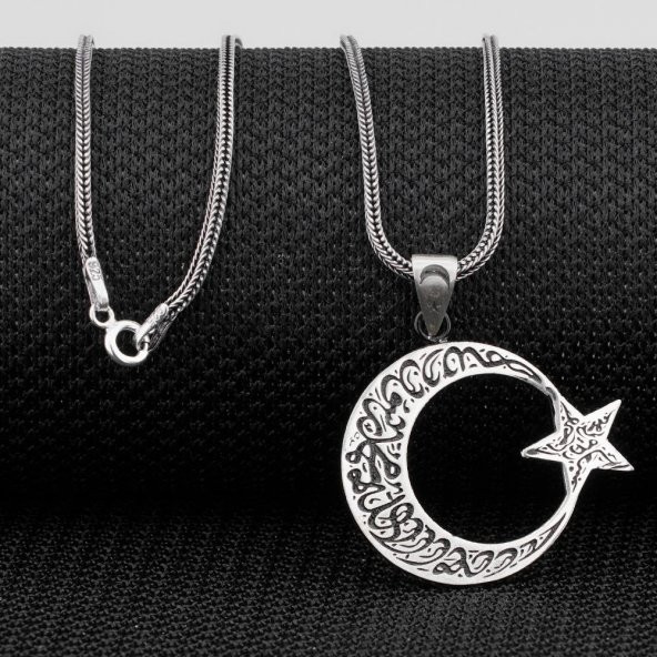 Kelimei Tevhid Yazılı Büyük Boy Ay Yıldız Tasarımlı 925 Ayar Gümüş Kolye ürün görseli 1