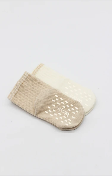 Bistyle Çemberli Basic Penye Kaymaz Soket Çorap 2li 10146 Bej - Resim 3