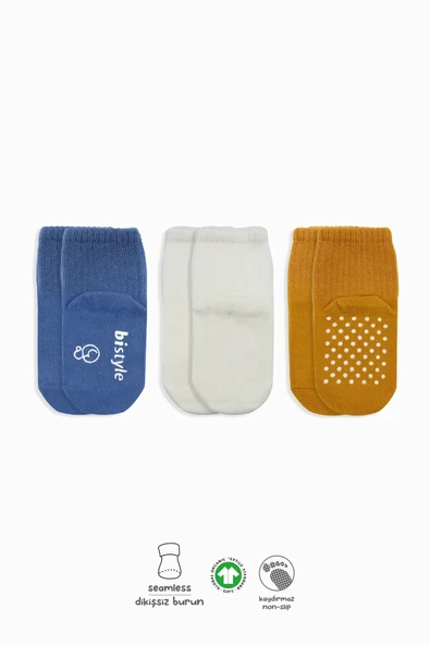 Bistyle Basic Kaymaz Penye Soket Çorap 3'Lü BS10106 İndigo Ekru Hardal ürün görseli 1