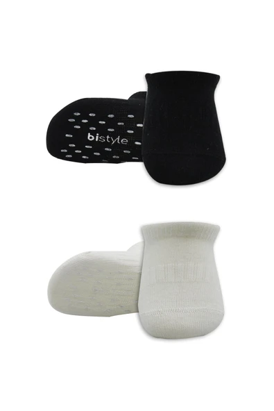 Bistyle 2'Li Sneakers Kaymaz Basic Penye Çorap 20103 Siyah Ekru - Resim 2