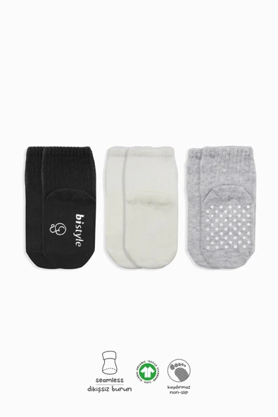 Bistyle 3lü Basic Kaymaz Penye Soket Çorap 10107 Siyah Ekru Gri ürün görseli 1