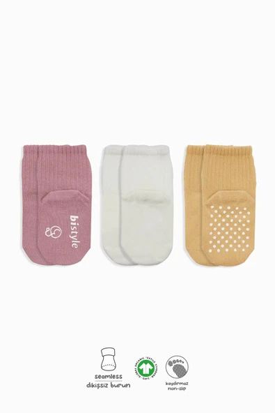 Bistyle 3lü Basic Kaymaz Penye Soket Çorap 10107 Pudra Ekru Somon ürün görseli 1