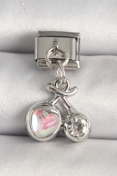 316L Çelik Gümüş Renk Pembe Mineli Kalp Zirkon Taş Detay Charm