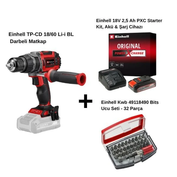 Einhell TP-CD 18/60 Li-i BL Tek Akülü 2.5 Ah Darbeli Matkap + Einhell Kwb 49118490 Bits Ucu Seti - 32 Parça ürün görseli 1