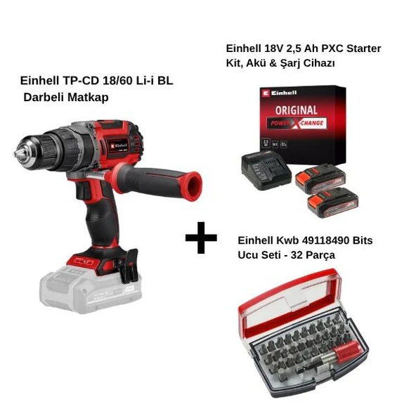 Einhell TP-CD 18/60 Li-i BL Çift Akülü 2.5 Ah Darbeli Matkap + Einhell Kwb 49118490 Bits Ucu Seti - 32 Parça ürün görseli 1
