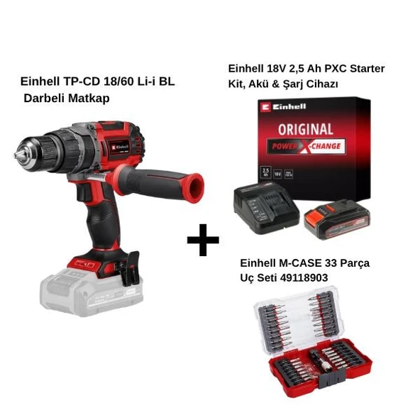 Einhell TP-CD 18/60 Li-i BL Tek Akülü 2.5 Ah Darbeli Matkap + Einhell M‑CASE 33 Parça Uç Seti 49118903 ürün görseli 1