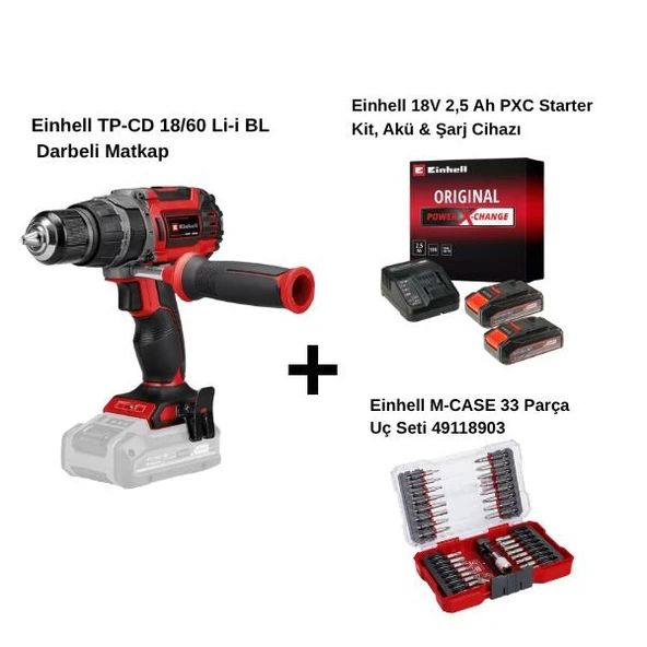 Einhell TP-CD 18/60 Li-i BL Çift Akülü 2.5 Ah Darbeli Matkap + Einhell M‑CASE 33 Parça Uç Seti 49118903 ürün görseli 1
