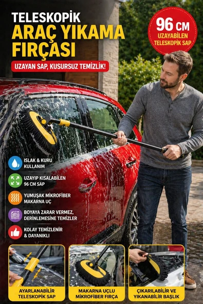 Teleskopik Araç Yıkama Fırçası 96 cm Mikrofiber Oto Temizlik Fırçası Jant Cam Tavan ürün görseli 1