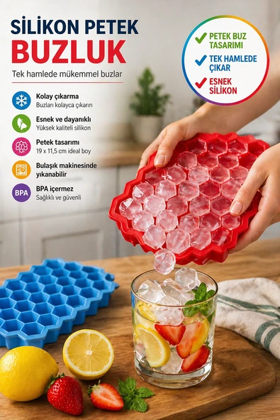 Silikon Petek Buzluk Kolay Çıkar Buz Kalıbı Esnek BPA’sız 19x11,5 cm Buz Yapma Kalıbı ürün görseli 1
