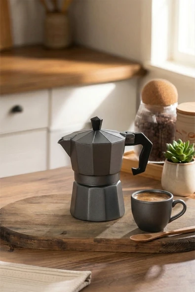 Porsima MNB05742-2 Ocaküstü Moka Pot 3 Fincanlık Alüminyum Kahve Espresso Cezvesi Antrasit 150ml ürün görseli 1