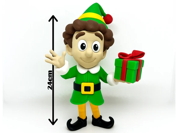 3D Baskı Neşeli Yılbaşı Elfi - Dekoratif Hediye Paketili Elf Heykelcik - 24 cm Noel Karakteri ürün görseli 1